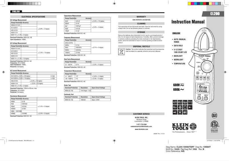Page 1 de la notice Manuel utilisateur Klein Tools CL200