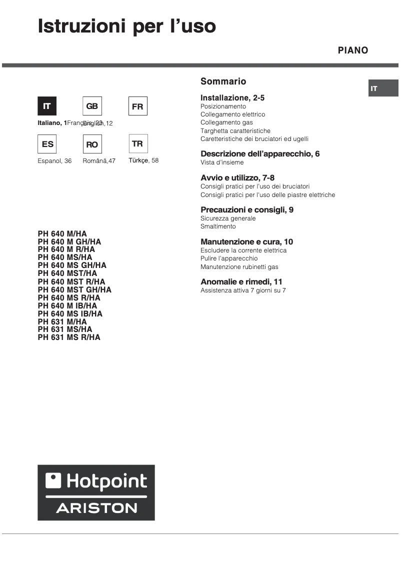 Page 1 de la notice Manuel utilisateur Hotpoint Ariston PH 640MST (IX)/HA(T)