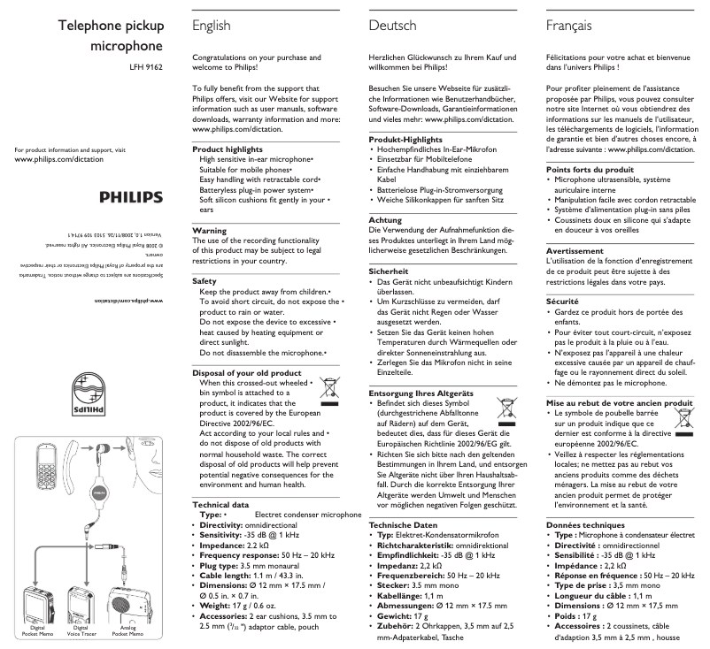 Page 1 de la notice Manuel utilisateur Philips LFH9162