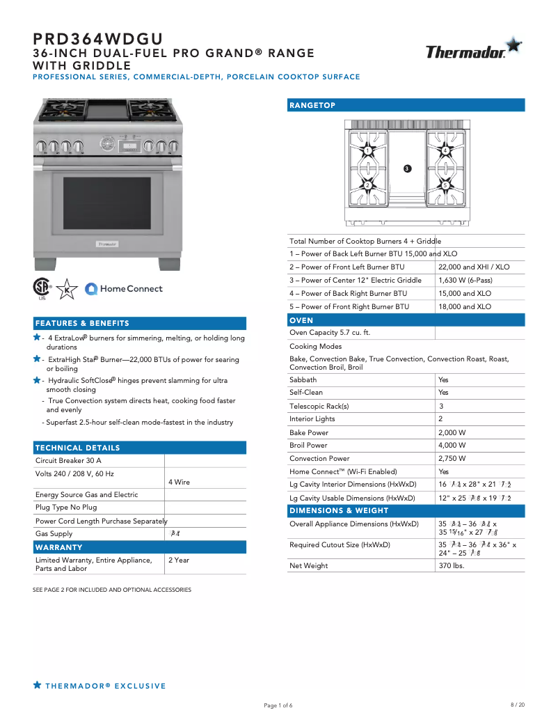 Page 1 de la notice Fiche technique Thermador PRD364WDGU