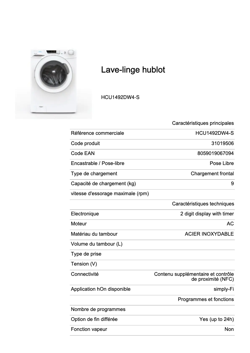 Page 1 de la notice Fiche technique Candy HCU1492DW4-S