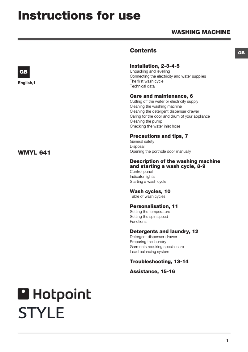 Page n°1 - Manuel utilisateur Hotpoint WMYL 641P