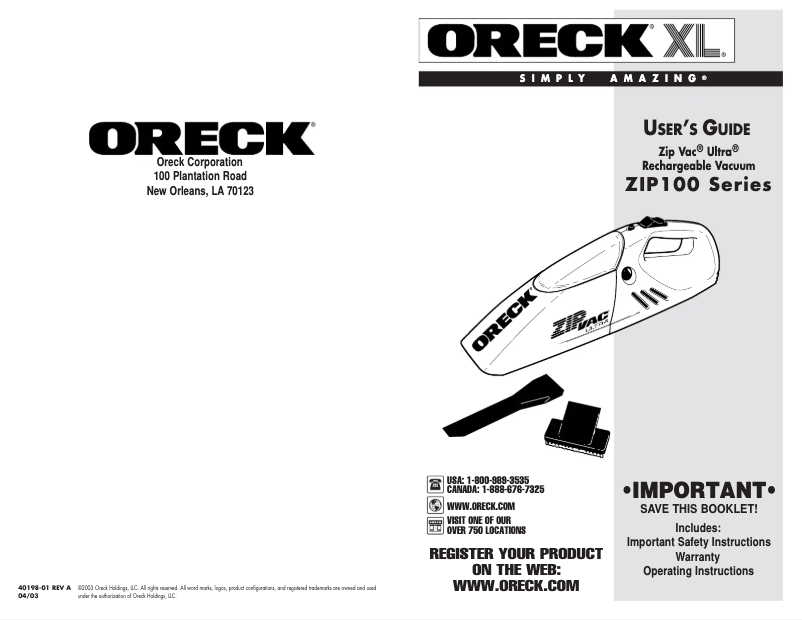 Page 1 de la notice Manuel utilisateur Oreck Zip Vac Ultra ZIP100