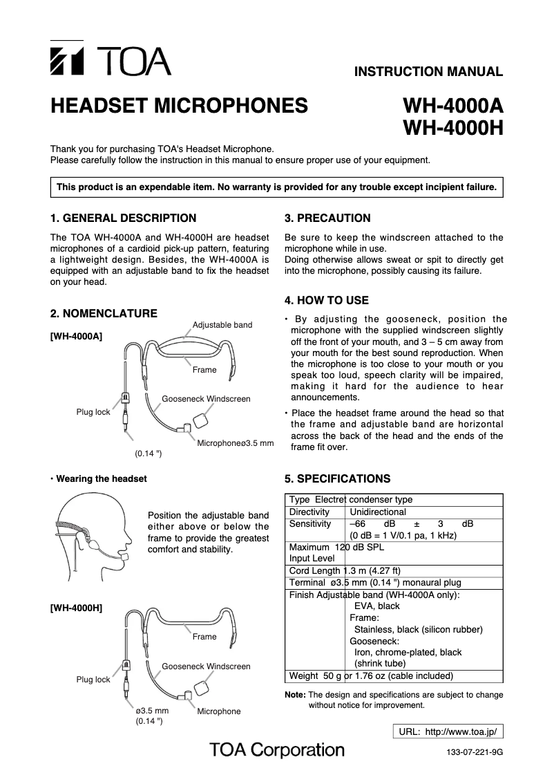 Page 1 de la notice Manuel utilisateur TOA WH-4000A