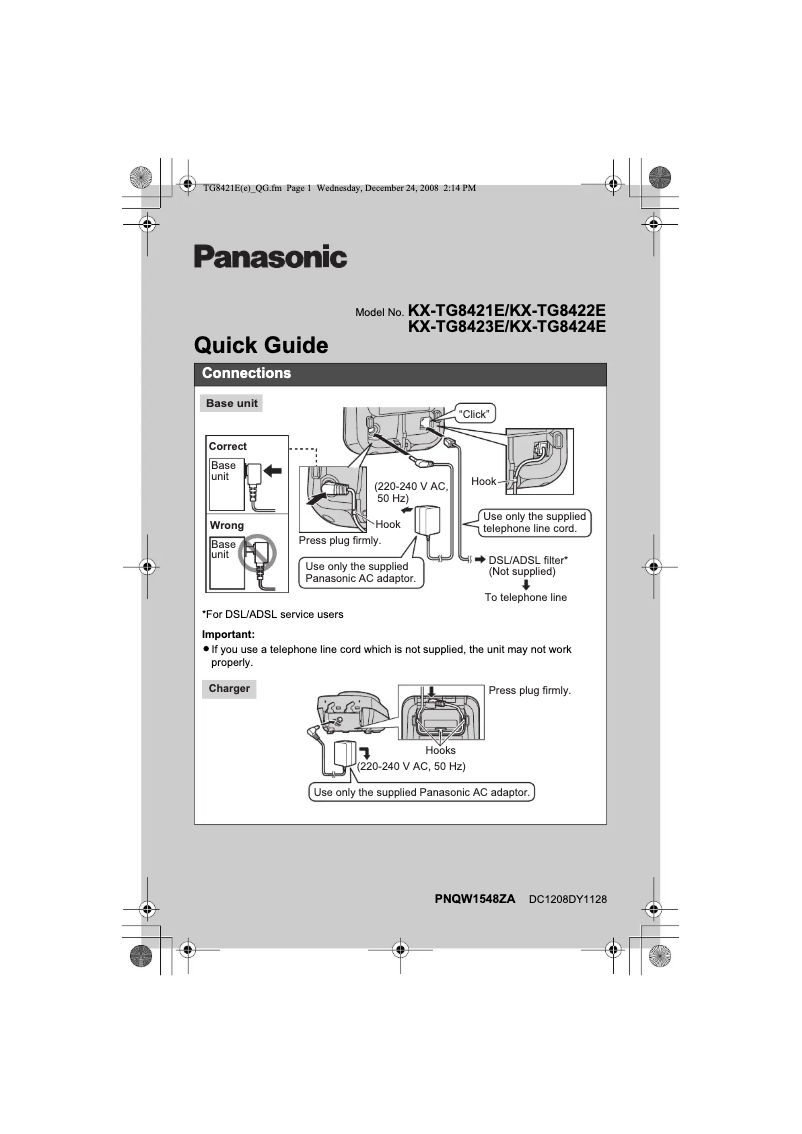 Page 1 de la notice Manuel utilisateur Panasonic KX-TG8421E