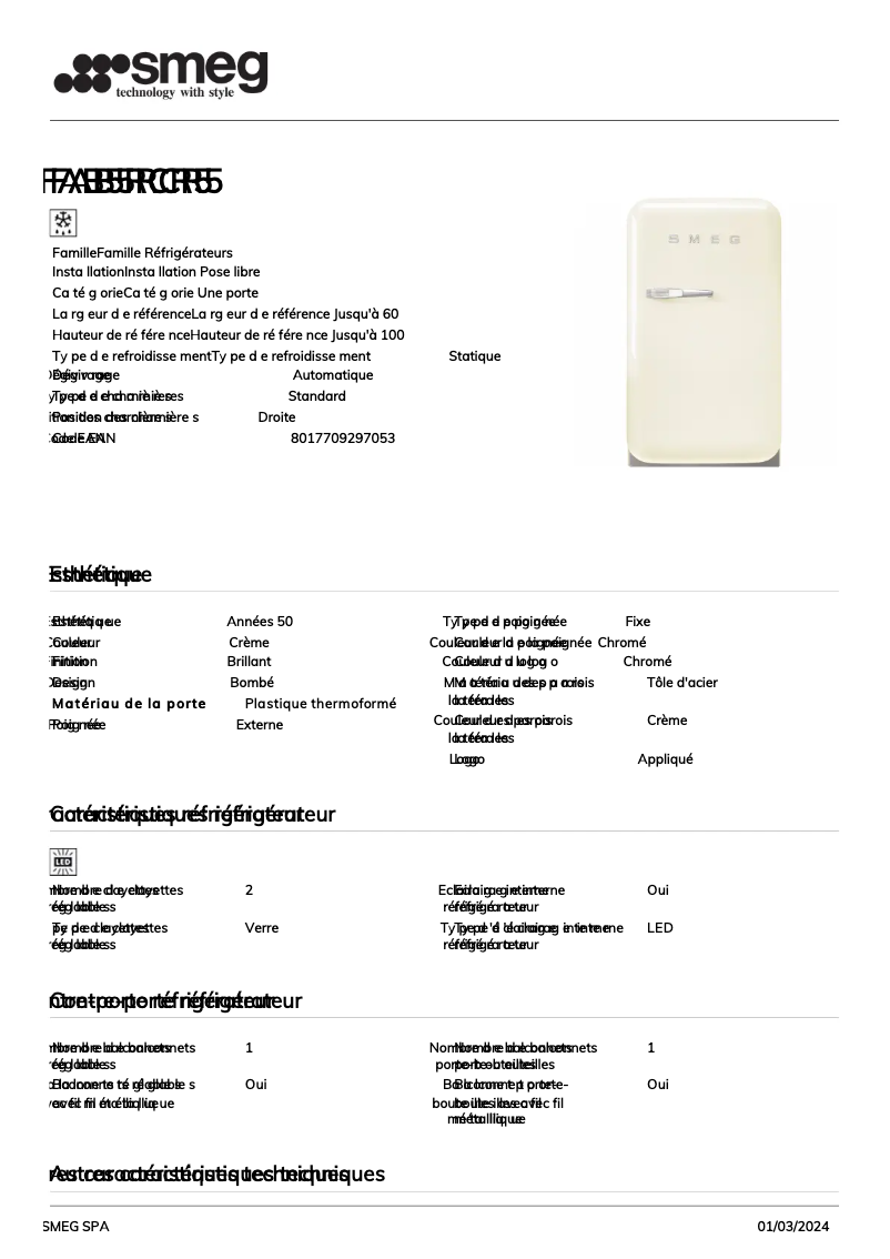Page 1 de la notice Fiche technique Smeg FAB5RCR5