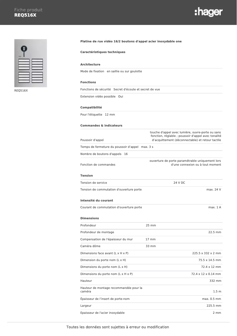 Page 1 de la notice Fiche technique Hager REQ516X