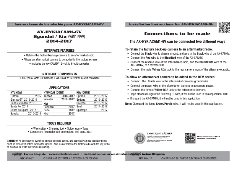 Page n°1 - Manuel utilisateur Metra AX-HYKIACAM1-6V