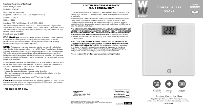 Page 1 de la notice Manuel utilisateur Conair WW514Z