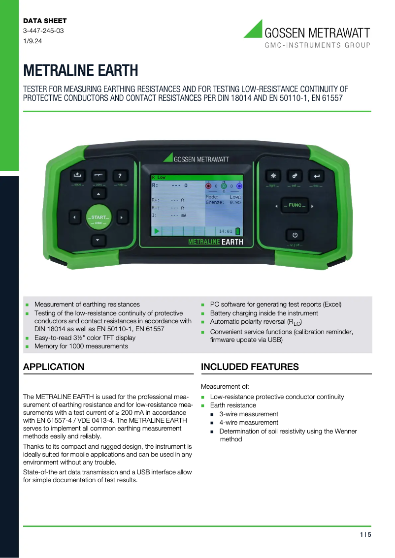 Page 1 de la notice Fiche technique Gossen Metrawatt METRALINE EARTH M590R