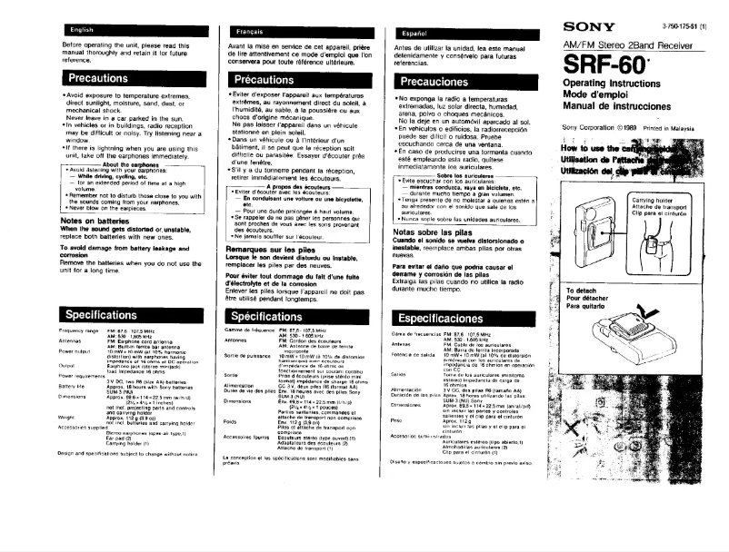 Page n°1 - Manuel utilisateur Sony SRF-60