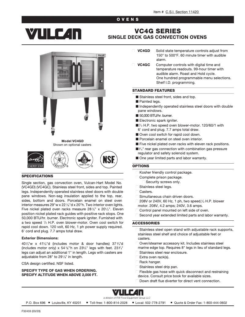 Page 1 de la notice Fiche technique Vulcan VC4GC