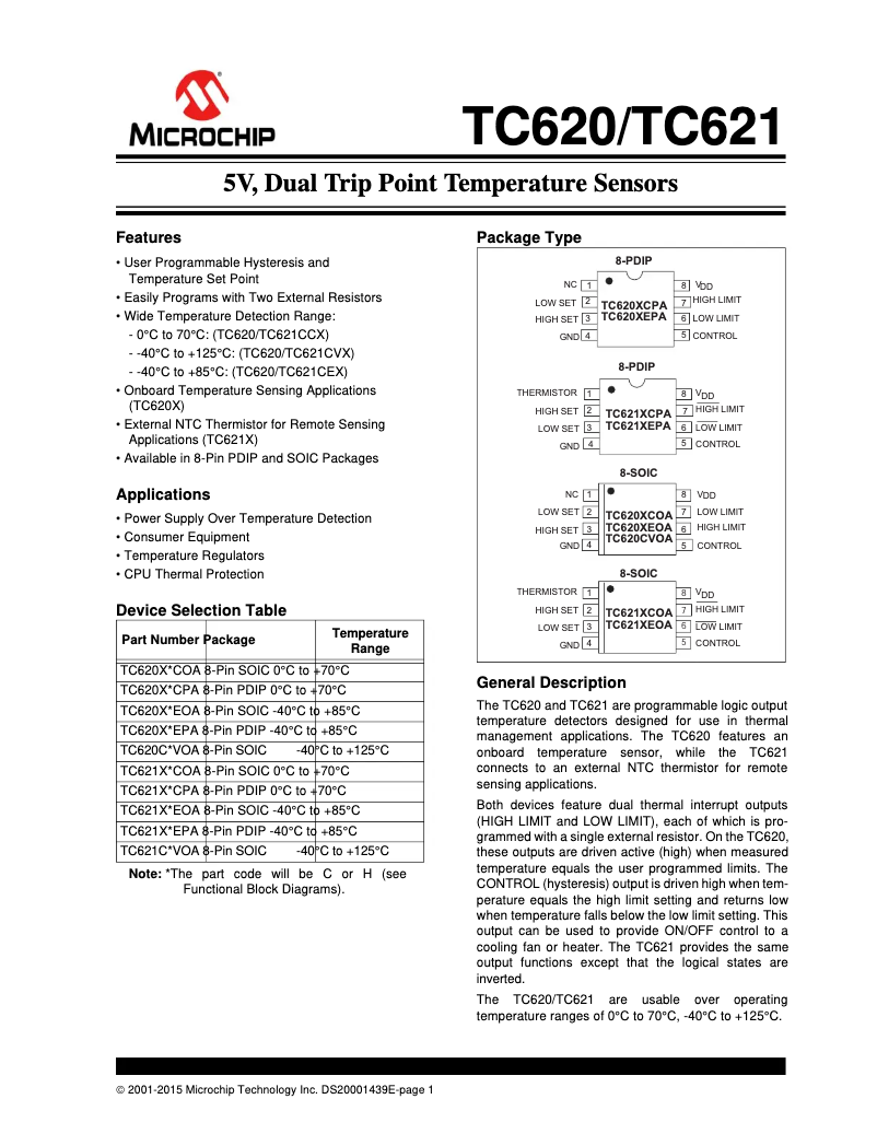 Page 1 de la notice Fiche technique Microchip TC620