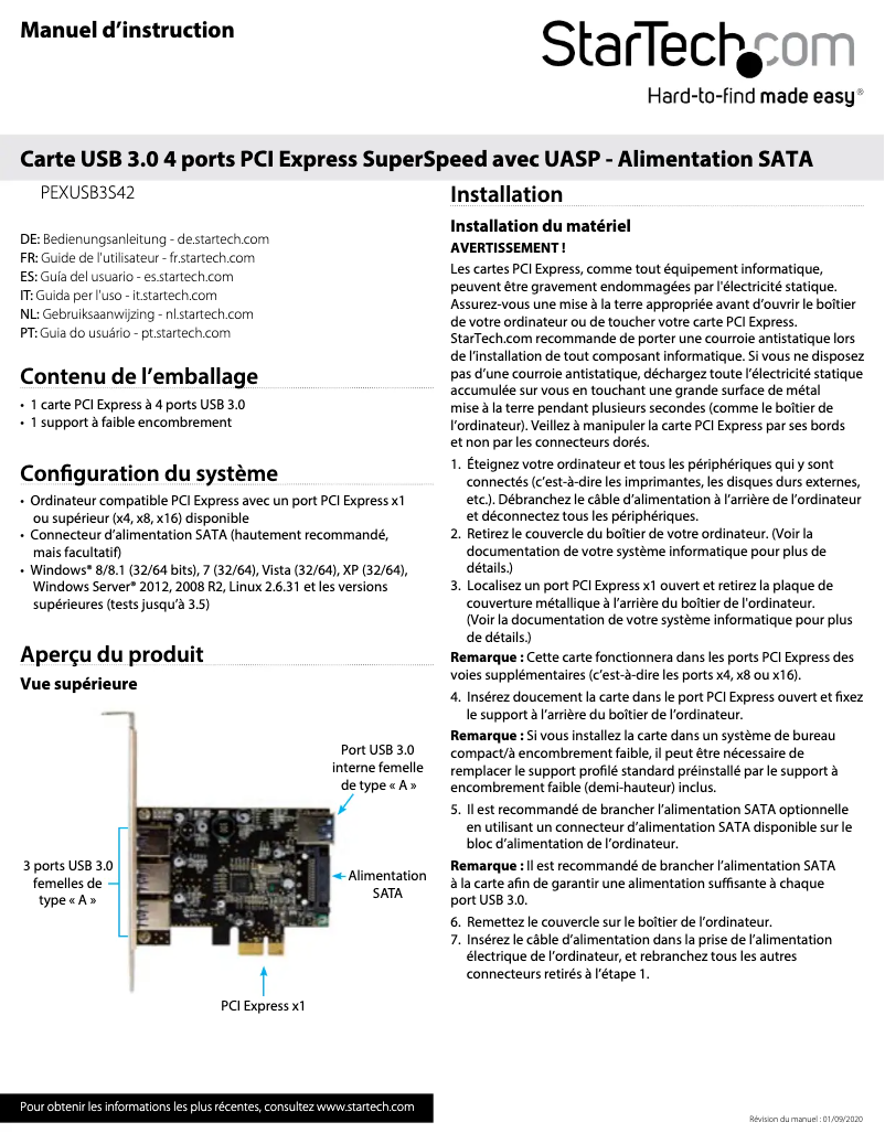 Page 1 de la notice Manuel utilisateur StarTech.com PEXUSB3S42
