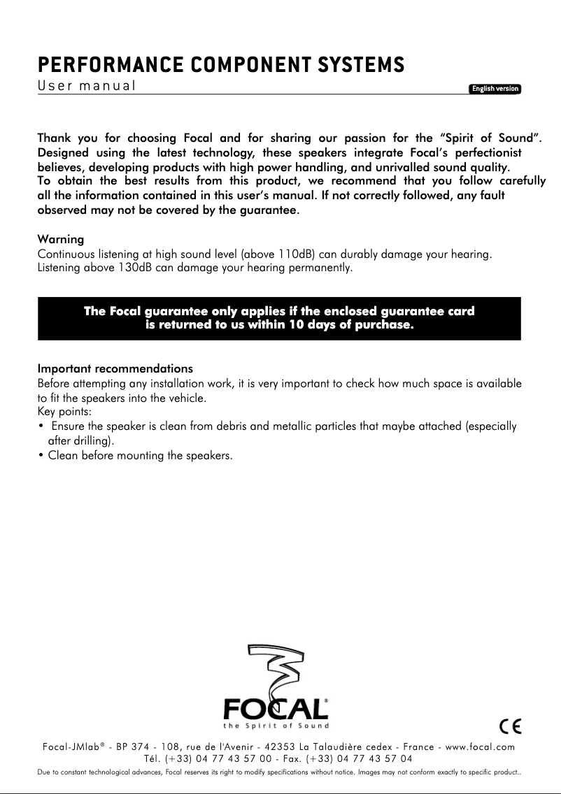 Page 1 de la notice Manuel utilisateur Focal PS 130