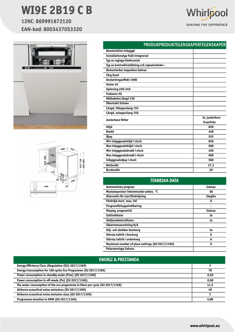 Página 1 del manual Ficha técnica Whirlpool WI9E 2B19 C B