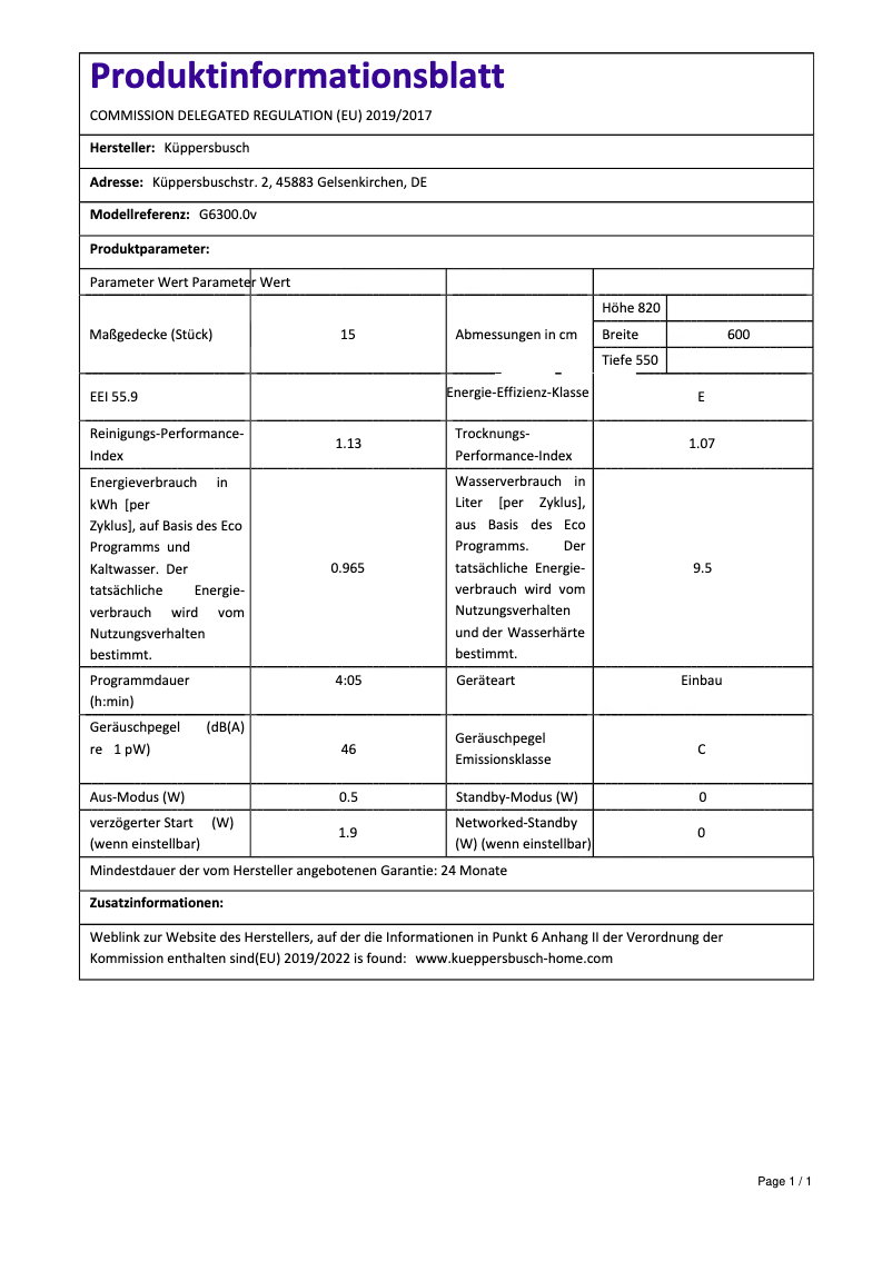 Page 1 de la notice Label énergétique Küppersbusch G6300.0v