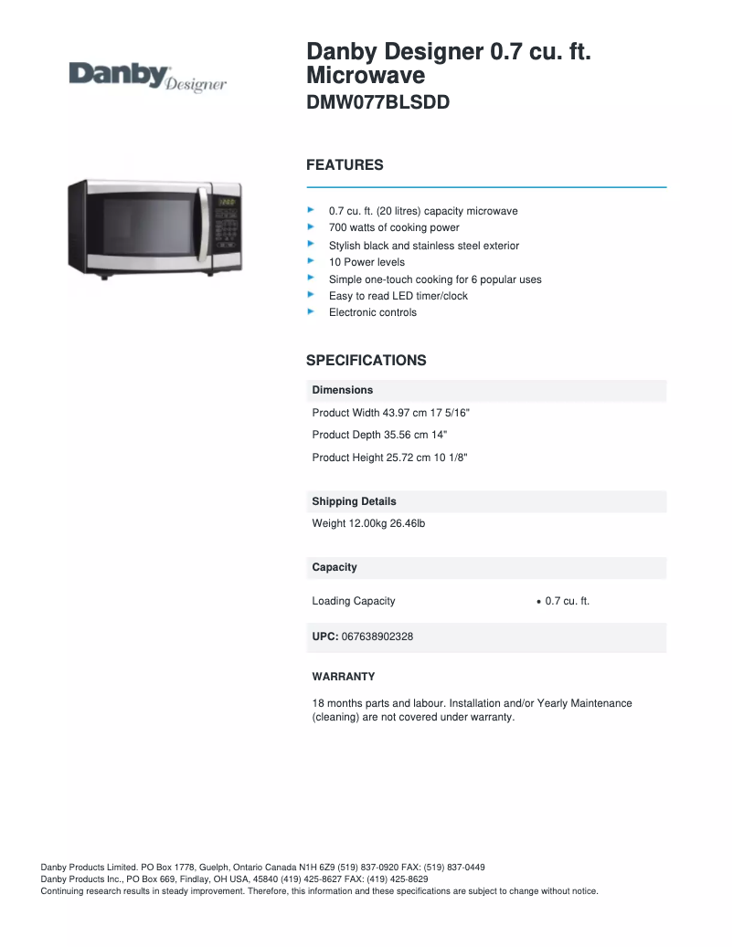 Page 1 de la notice Fiche technique Danby DMW077BLSDD