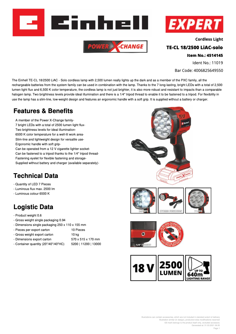 Page 1 de la notice Fiche technique Einhell TE-CL 18/2500 LiAC-solo