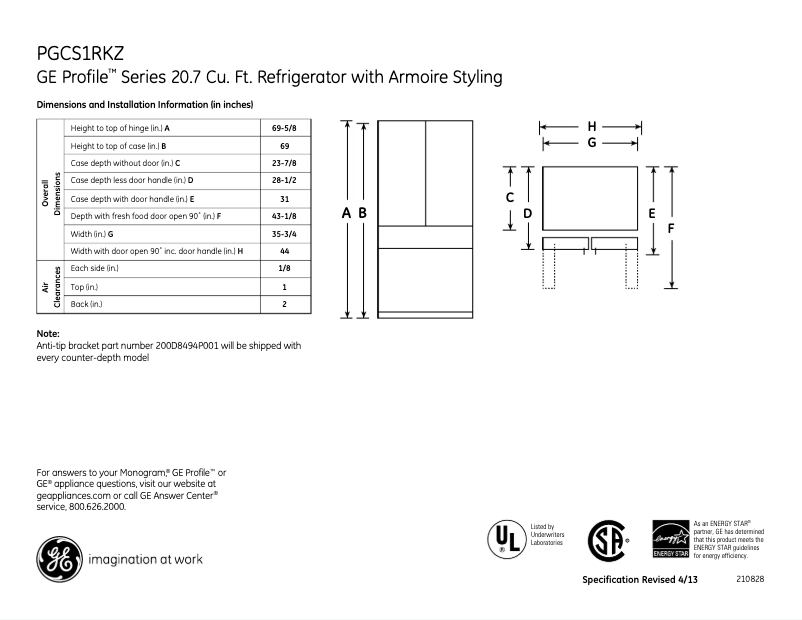 Page n°1 - Fiche technique GE PGCS1RKZSS