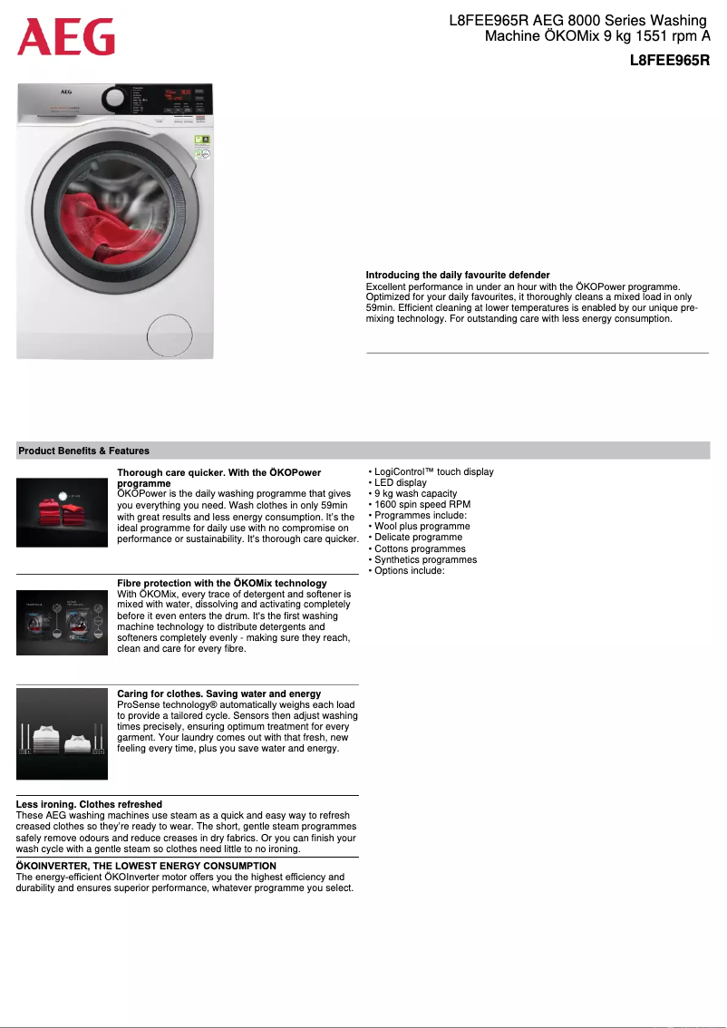 Page n°1 - Fiche technique AEG L8FEE965R