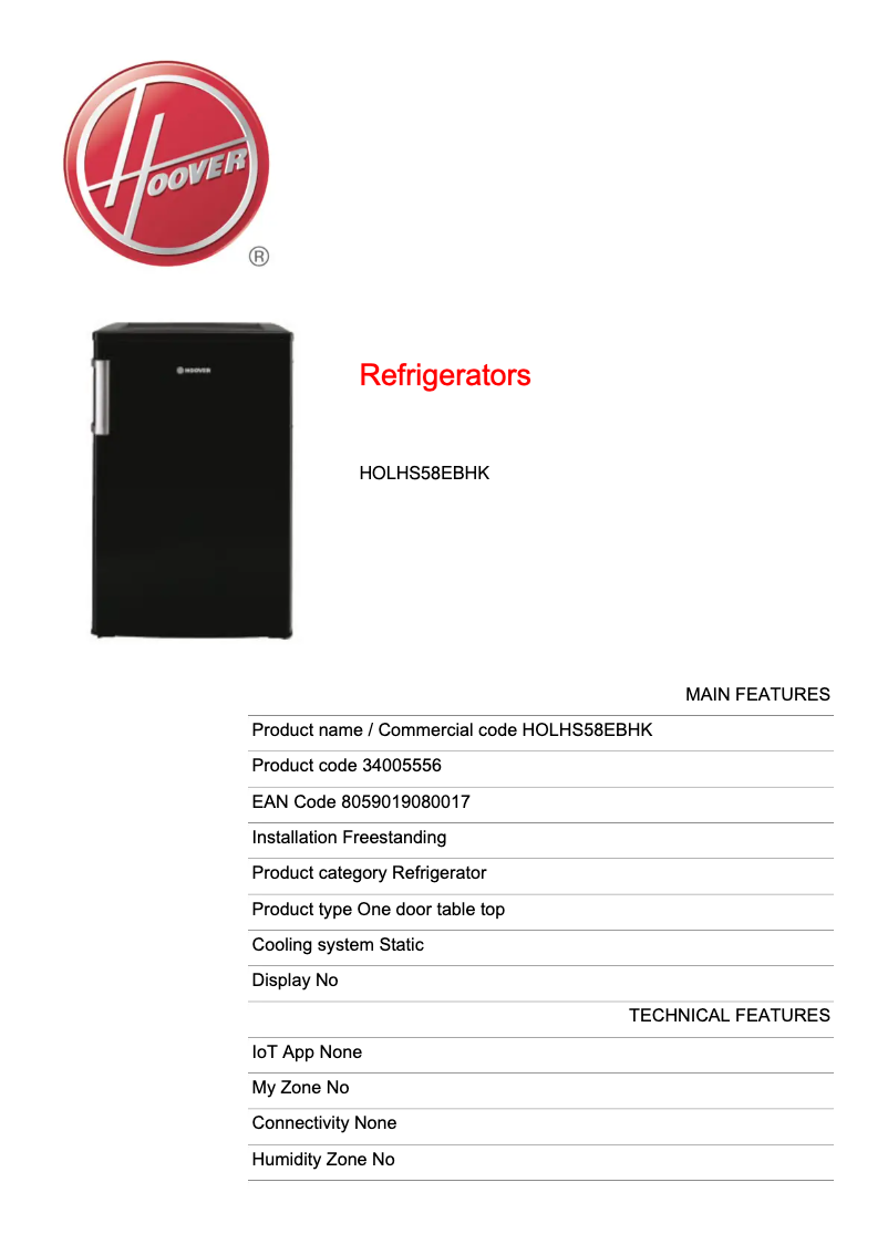 Página 1 del manual Ficha técnica Hoover HOLHS58EBHK