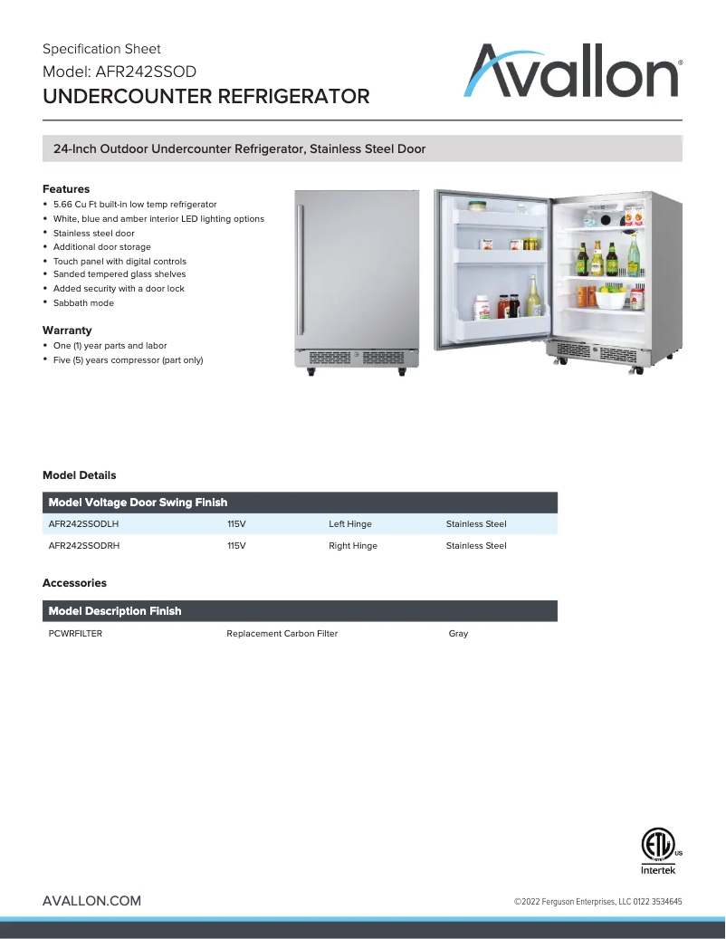 Page 1 de la notice Fiche technique Avallon AFR242SSODLH