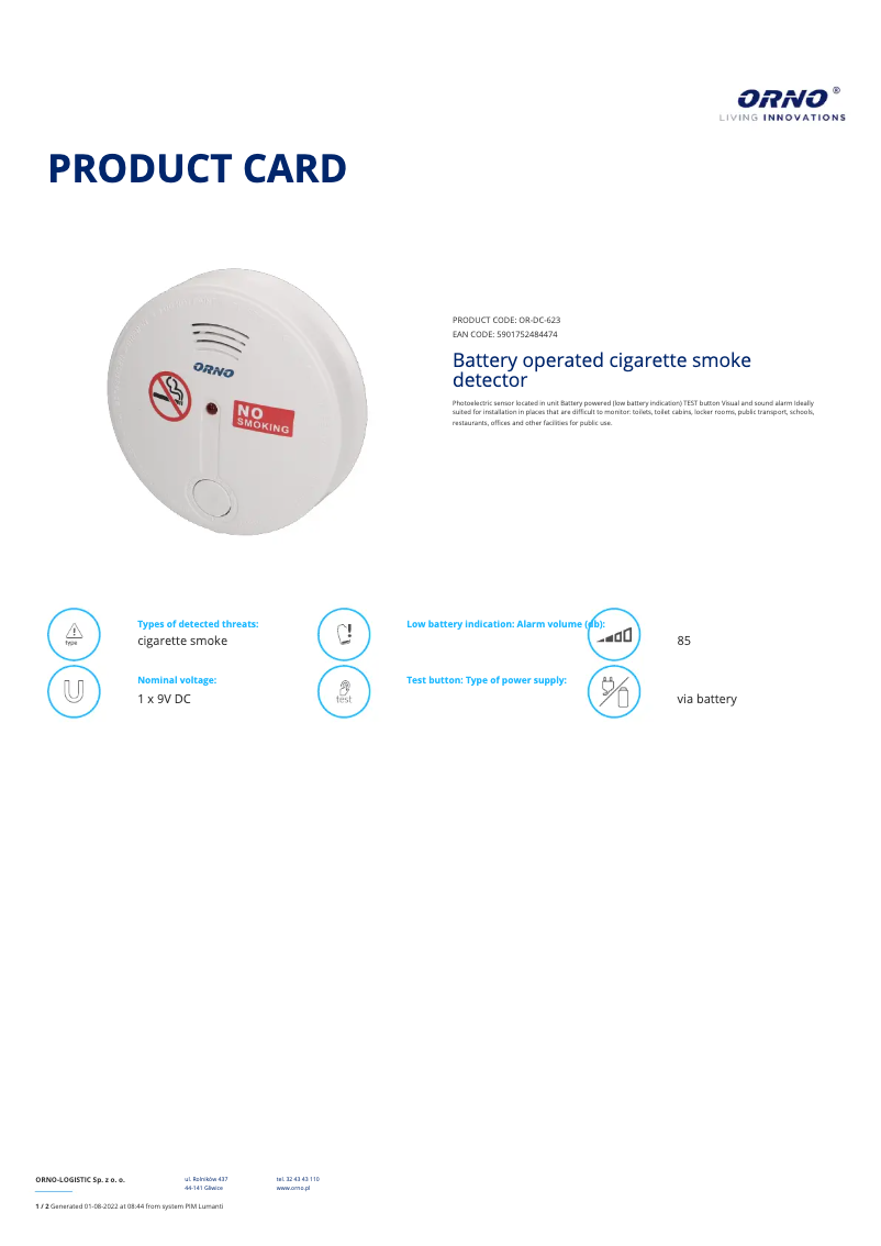 Page 1 de la notice Fiche technique ORNO OR-DC-623
