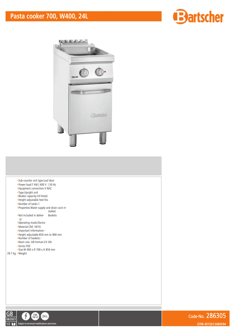 Page 1 de la notice Fiche technique Bartscher 286305
