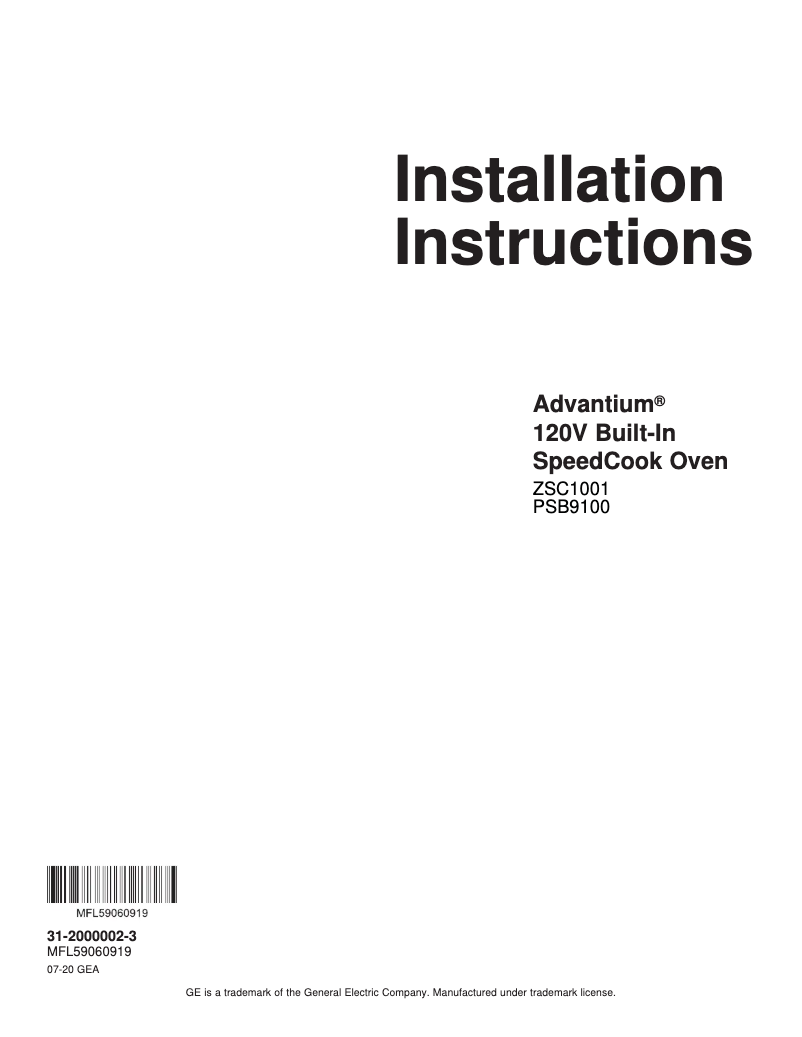 Page 1 de la notice Guide d'installation GE PSB9100BLTS