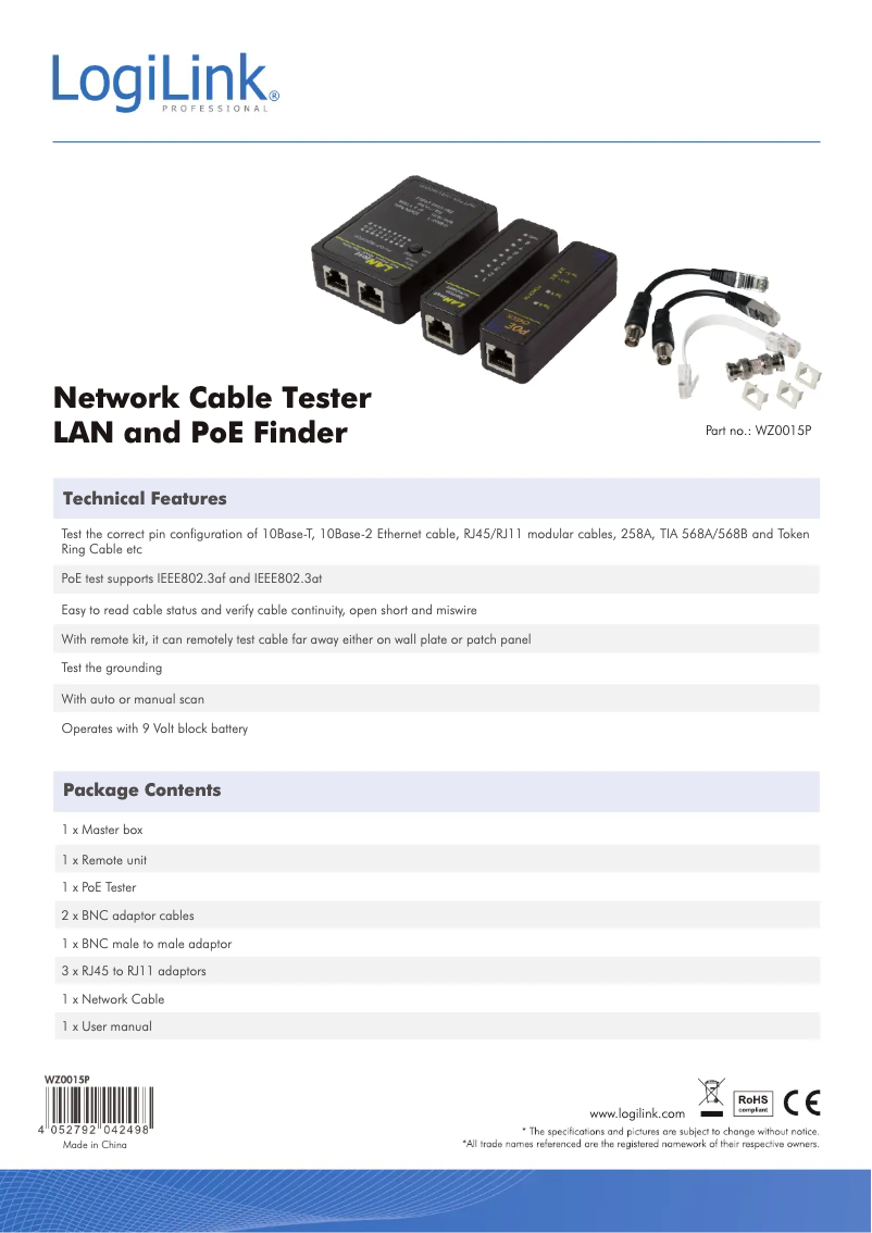 Page 1 de la notice Manuel utilisateur LogiLink WZ0015P