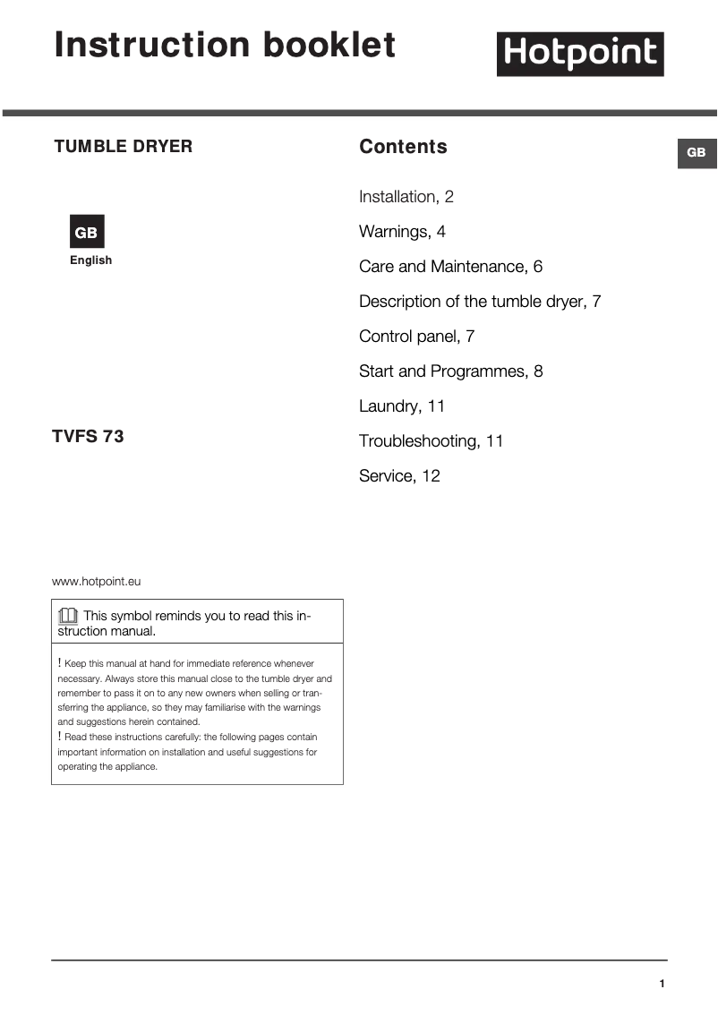 Page n°1 - Manuel utilisateur Hotpoint TVFS 73B GG.9 UK
