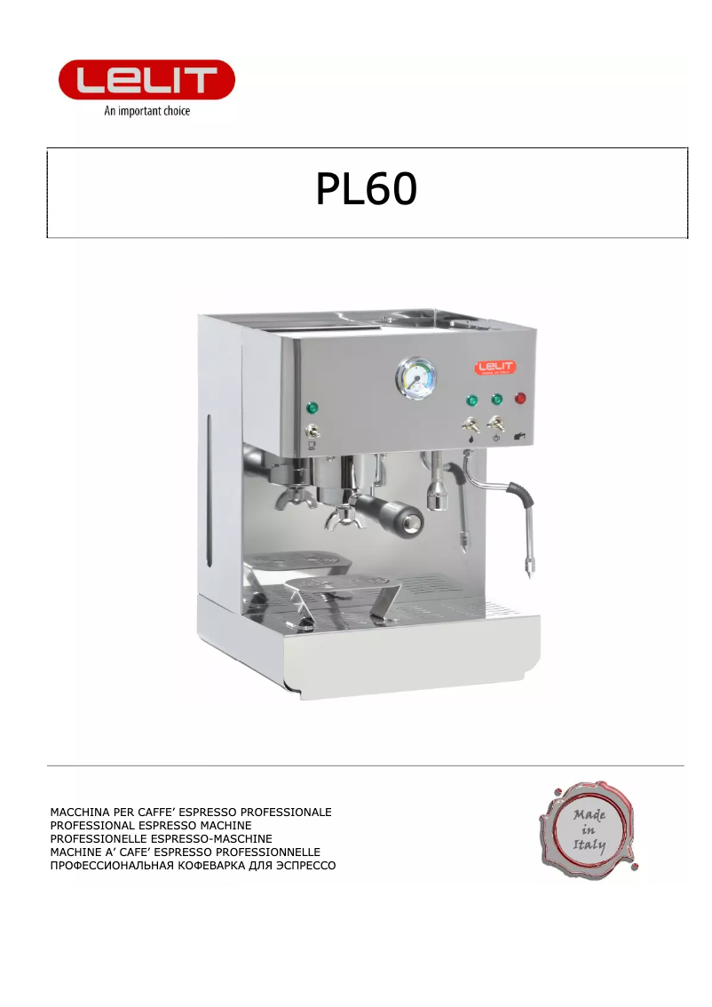 Page 1 de la notice Manuel utilisateur Lelit Diana PL60R1