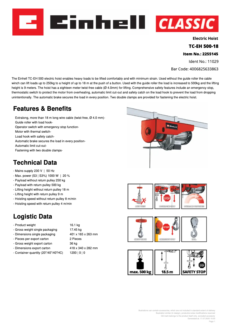 Page 1 de la notice Fiche technique Einhell TC-EH 500-18