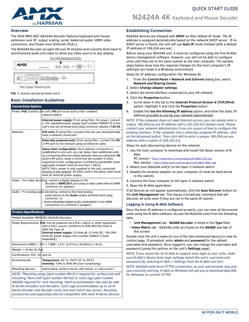 Page 1 de la notice Guide de démarrage rapide AMX NMX-DEC-N2424A