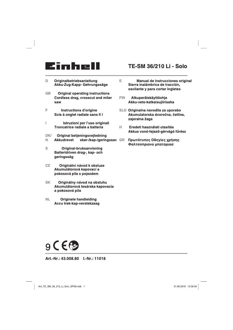 Page n°1 - Manuel utilisateur Einhell TE-SM 36/210 Li Solo