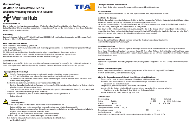 Page 1 de la notice Manuel utilisateur TFA KLIMA@HOME WeatherHub 31.4007.02