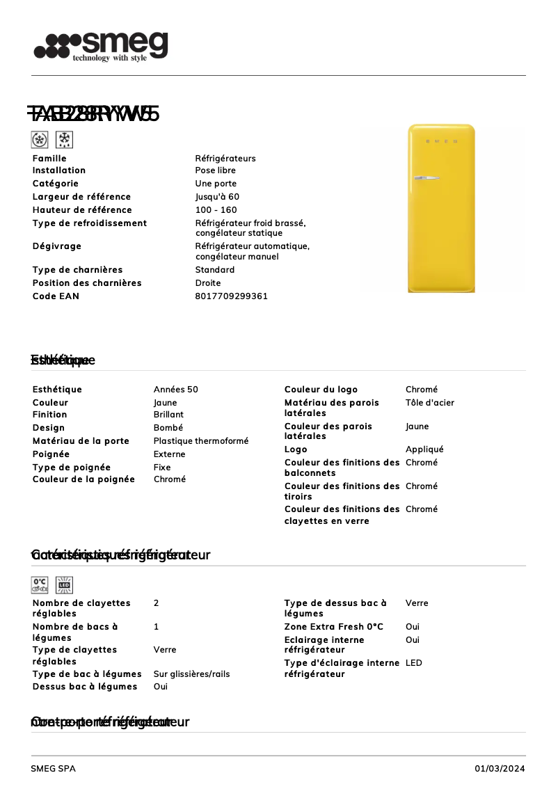 Page 1 de la notice Fiche technique Smeg FAB28RYW5