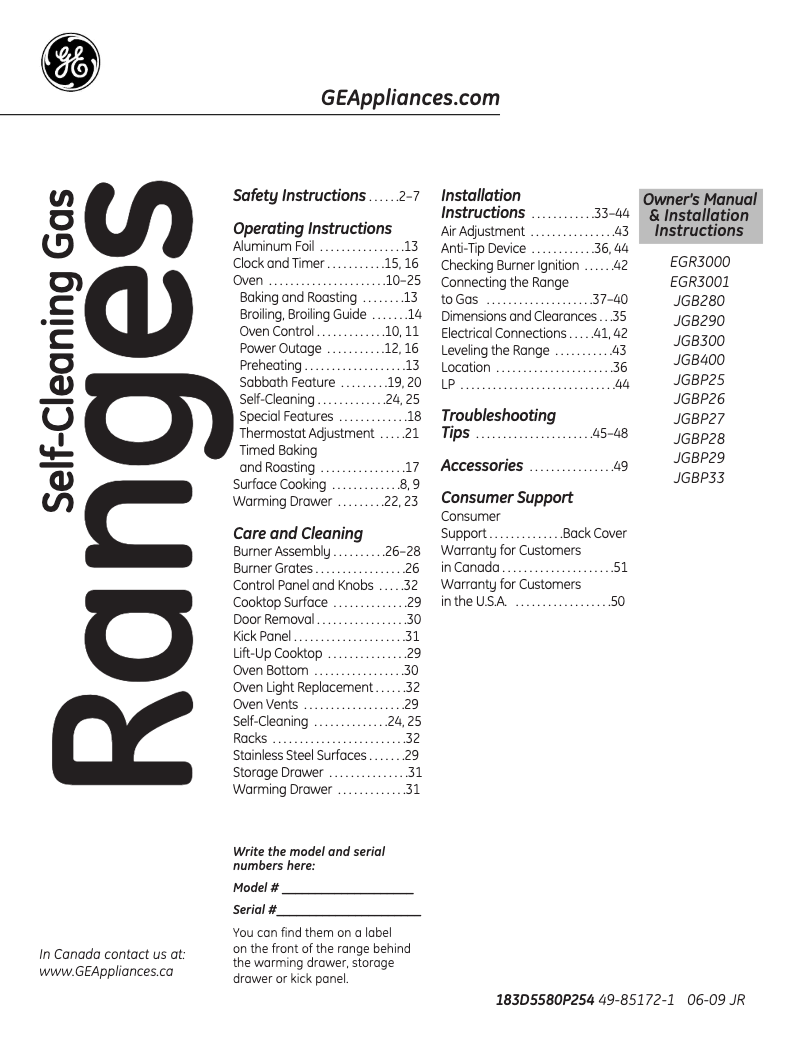 Page n°1 - Manuel utilisateur GE EGR3001EHSS