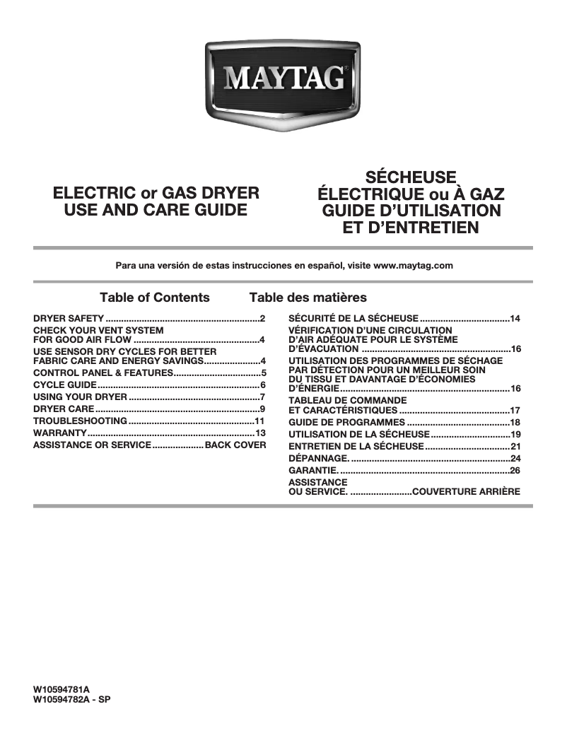 Page n°1 - Manuel utilisateur Maytag MEDX500BW Bravos