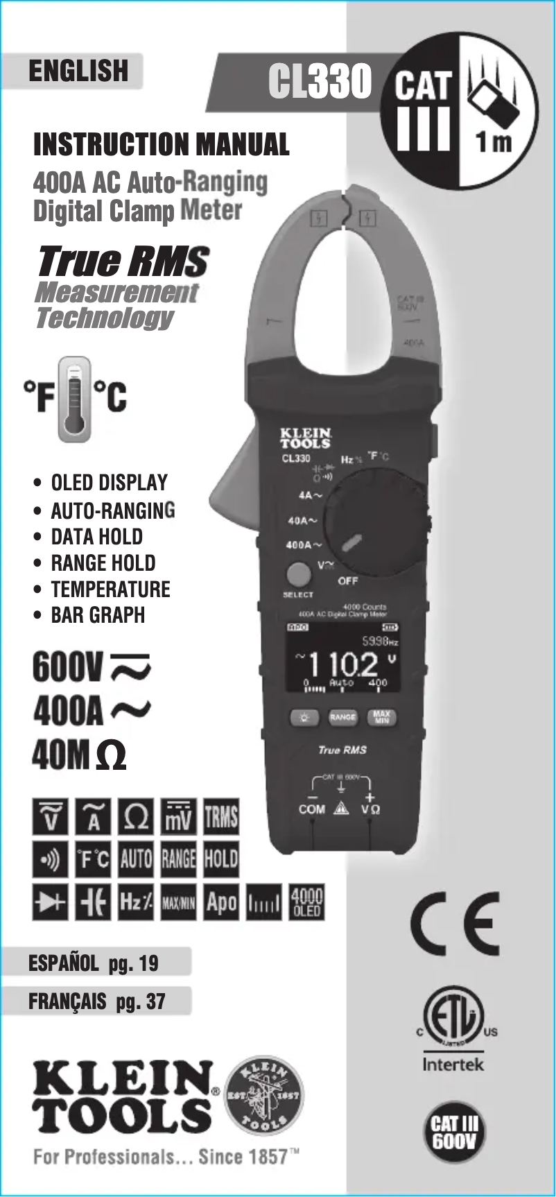Page 1 de la notice Manuel utilisateur Klein Tools CL330