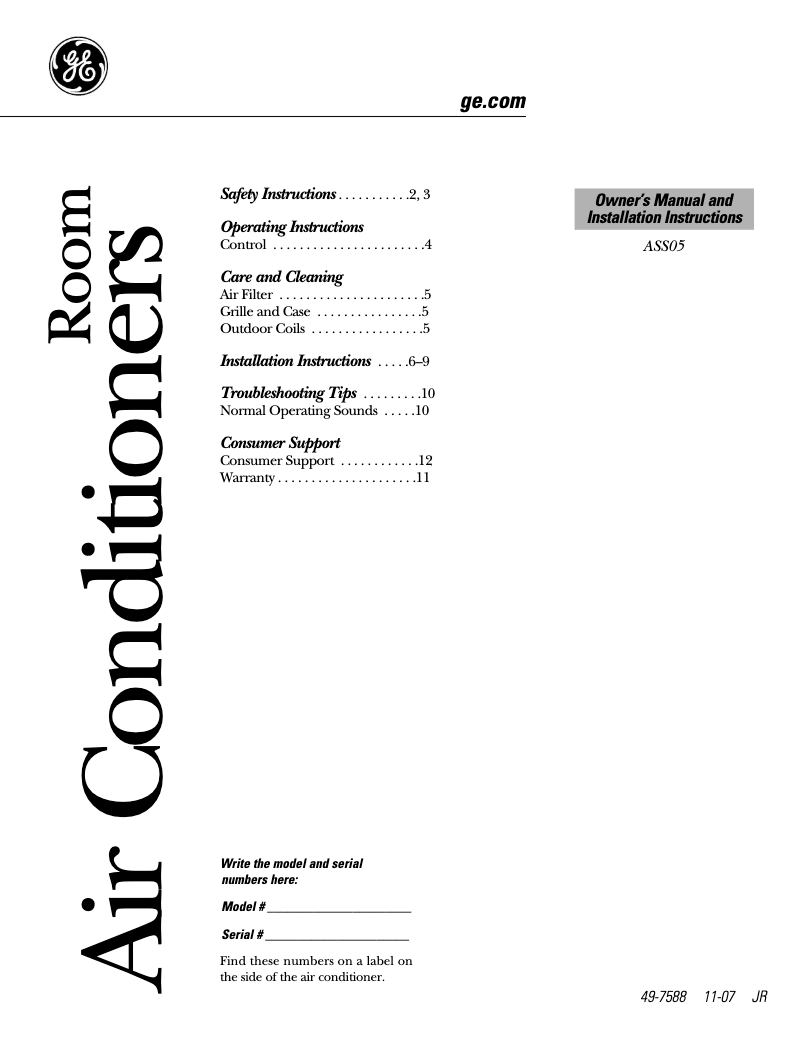 Page n°1 - Guide d'installation GE ASS05LL