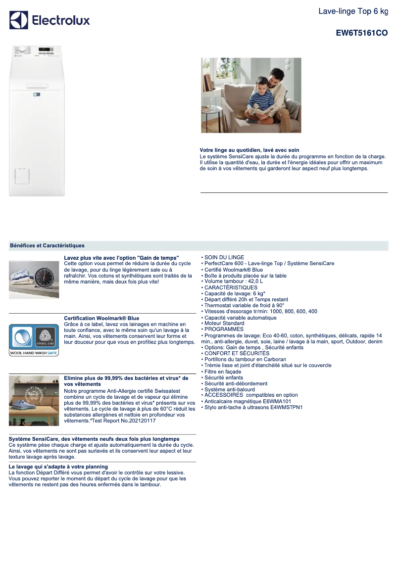 Page 1 de la notice Fiche technique Electrolux EW6T5161CO