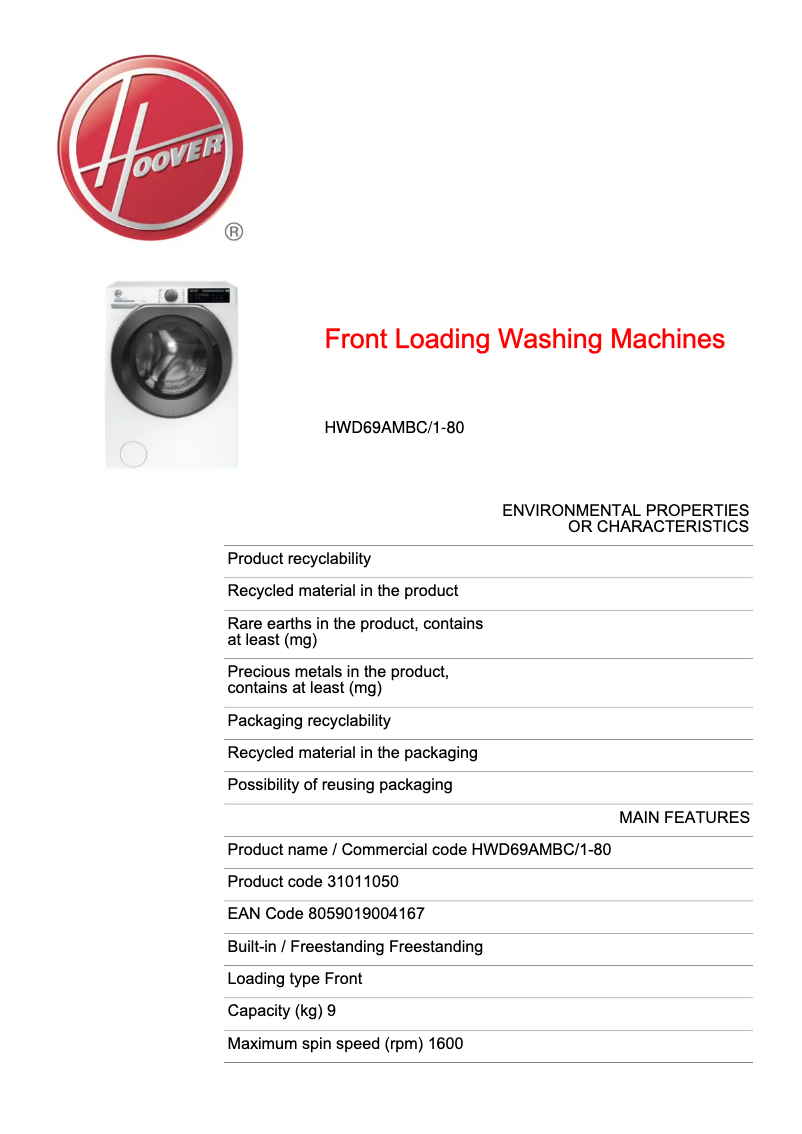 Page n°1 - Fiche technique Hoover HWD69AMBC/1-80
