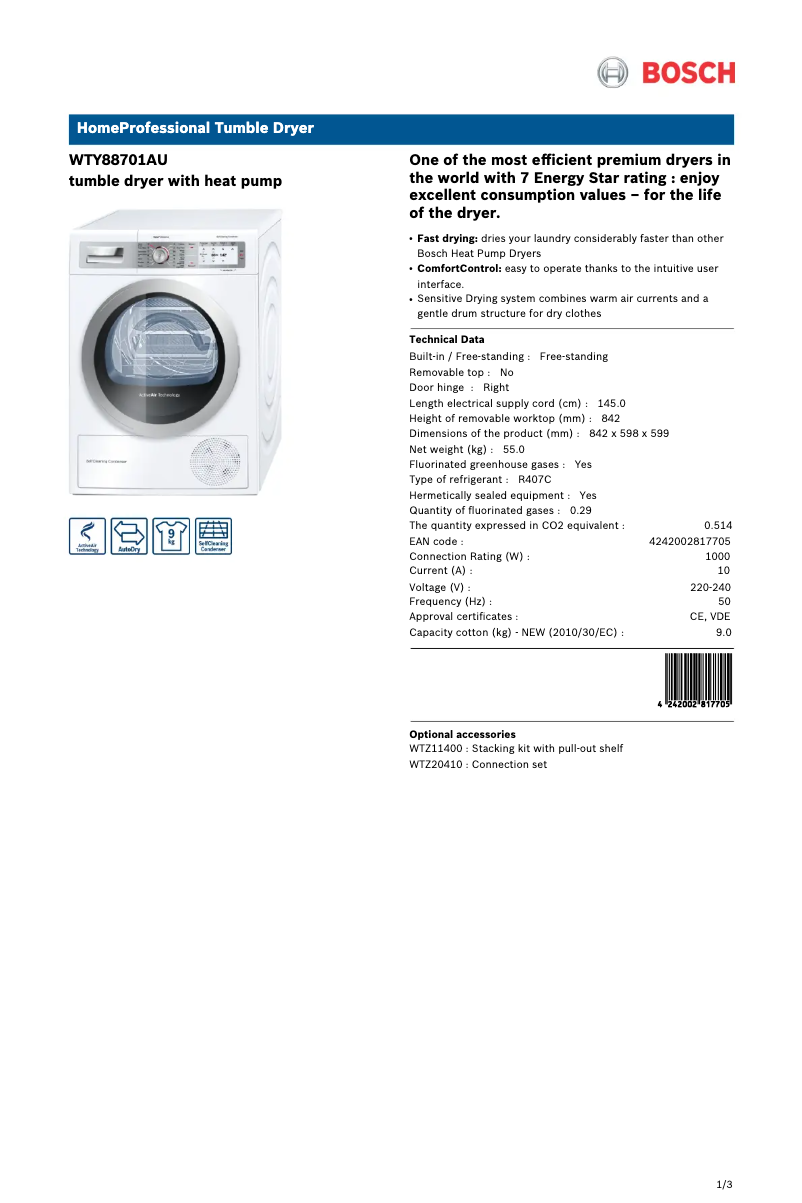 Página 1 del manual Ficha técnica Bosch WTY88701AU