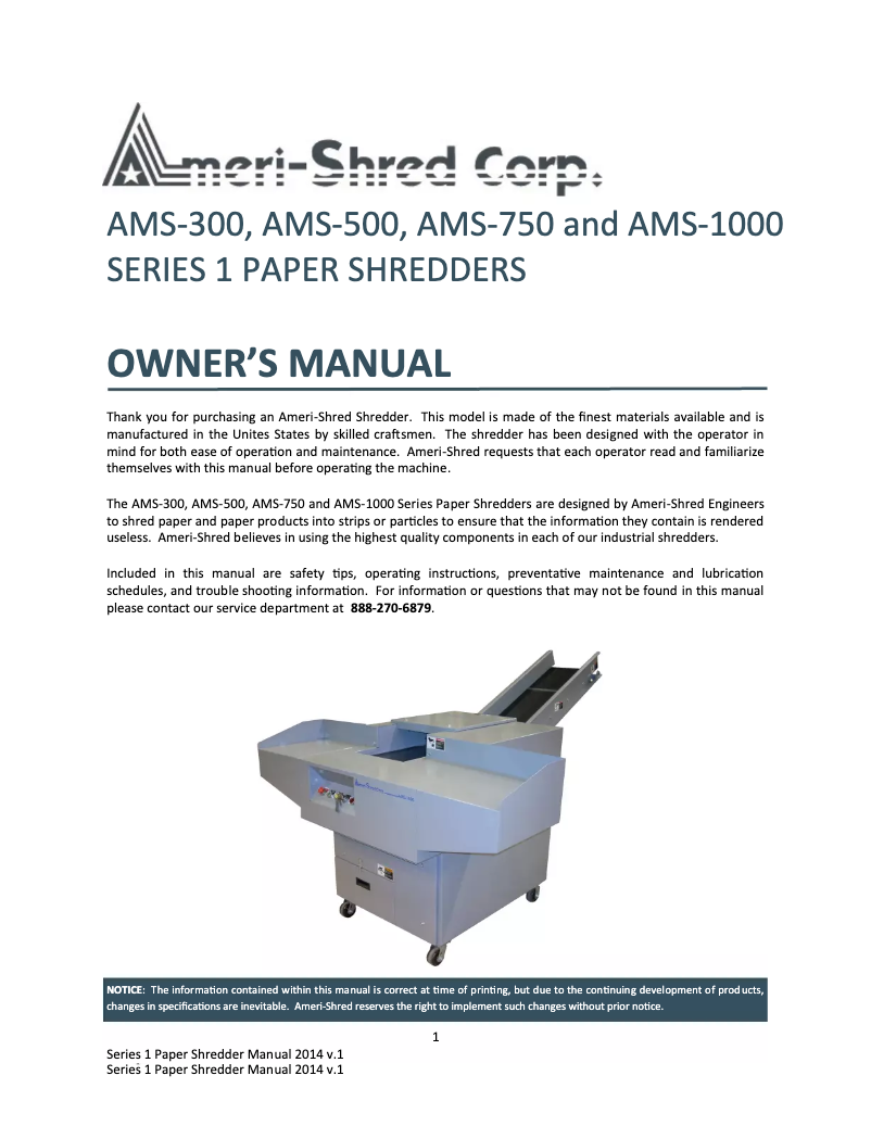 Page n°1 - Manuel utilisateur Ameri-Shred AMS-750