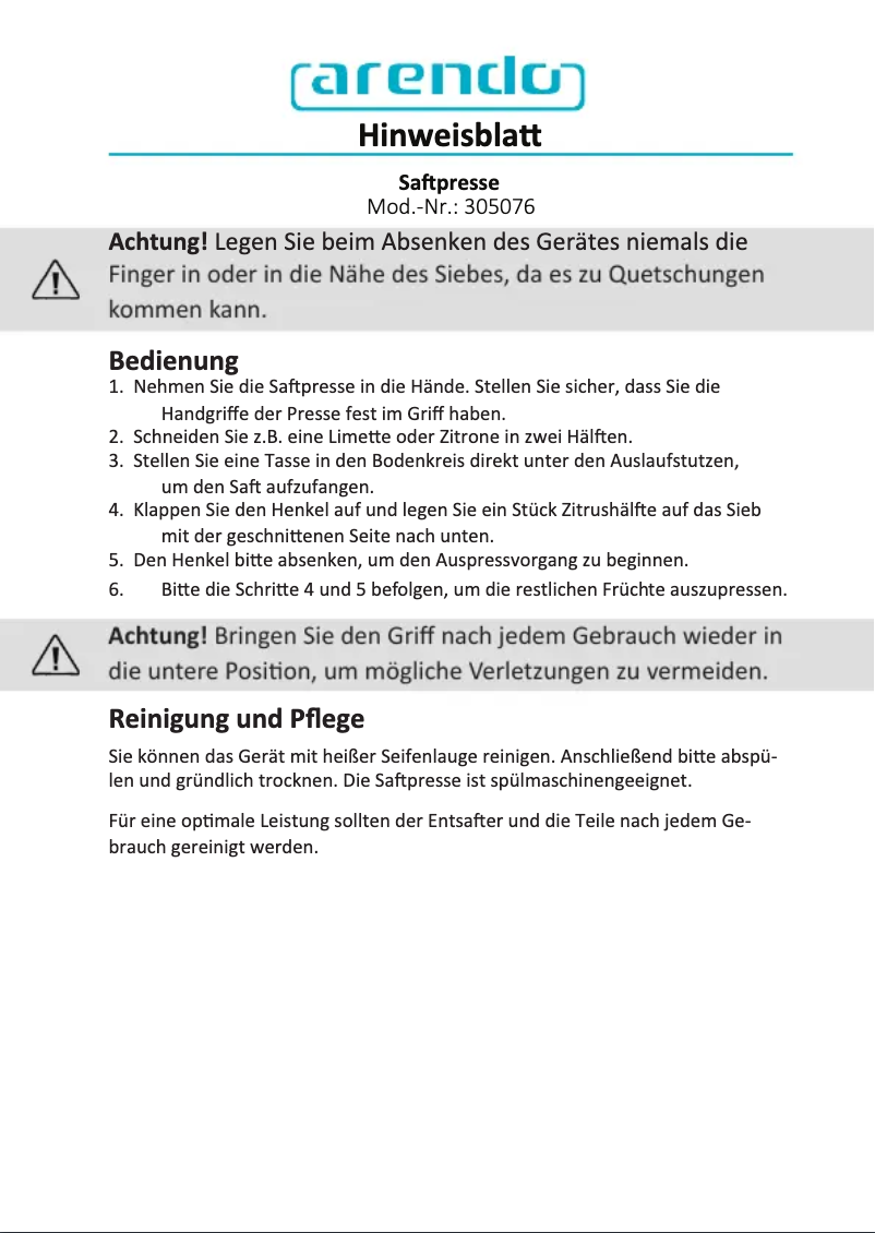 Page 1 de la notice Manuel utilisateur Arendo 305076
