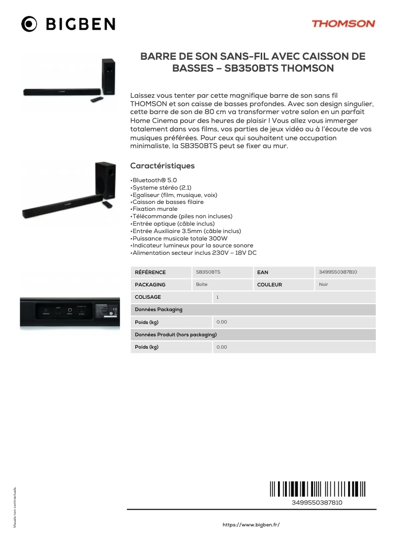 Page 1 de la notice Fiche technique Thomson SB350BTS