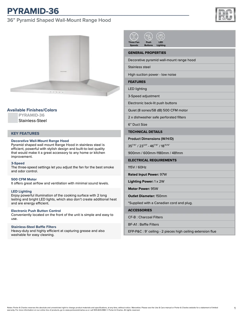 Page 1 de la notice Fiche technique Porter & Charles PYRAMID-36