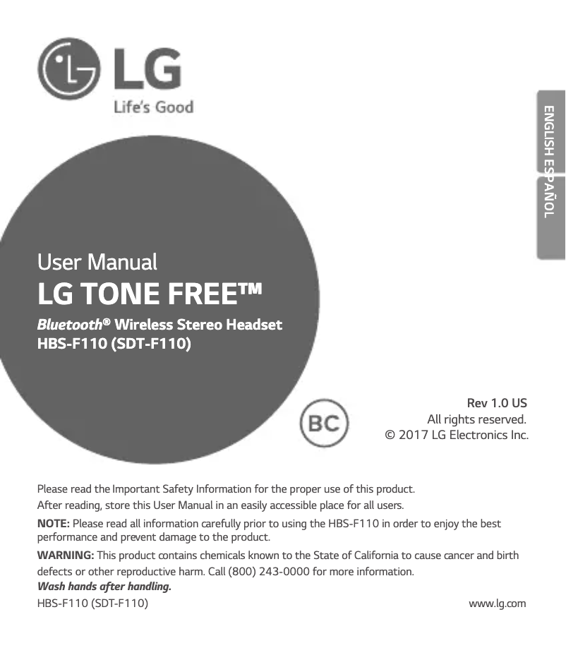 Page n°1 - Manuel utilisateur LG Tone Free HBS-F110